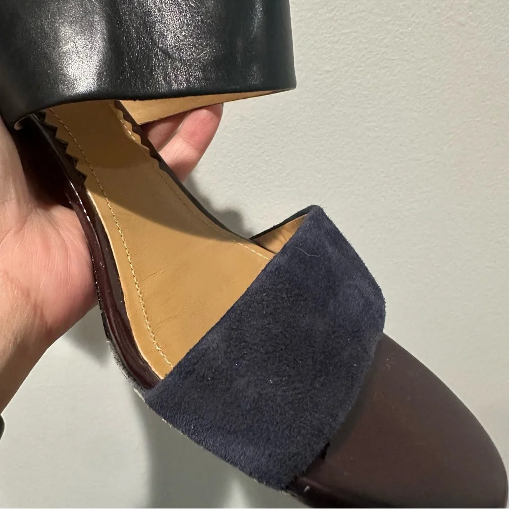 Tory Burch Gigi T Logo Black Midnight Blue Leather Sandal Size 9.5